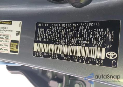 2022 Toyota Corolla Le from USA, damaged, VIN 5YFEPMAE0NP344458